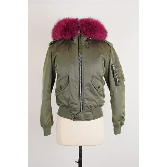 SAM Women's Large Fur Trim Down Bomber Jacket Green SZ XS $595